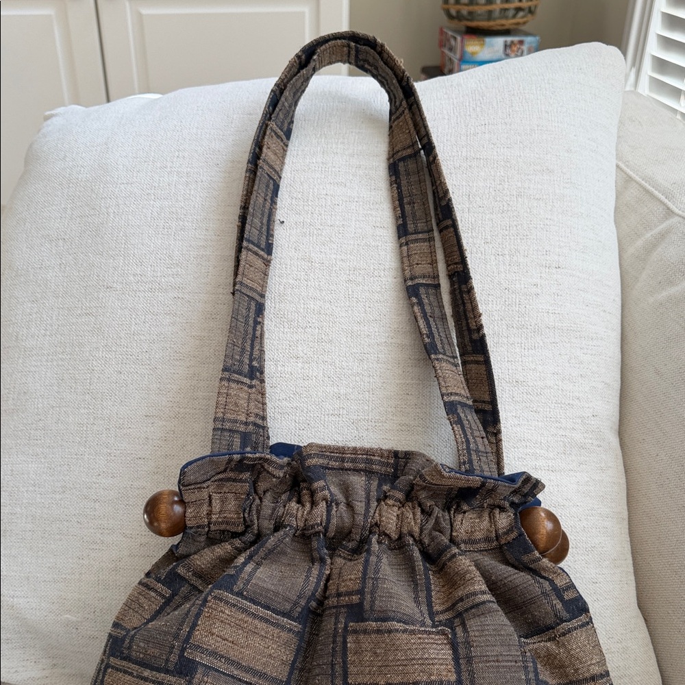 Vintage Boho Tapestry Handmade Artisanal Bucket Bag purse Wood Beads Cottagecore - Picture 3 of 11